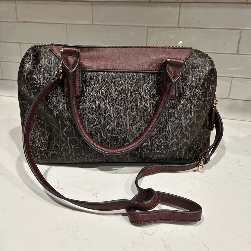 Calvin Klein Brown Monogram Dome Satchel with Burgundy Handles - Picture 6 of 7